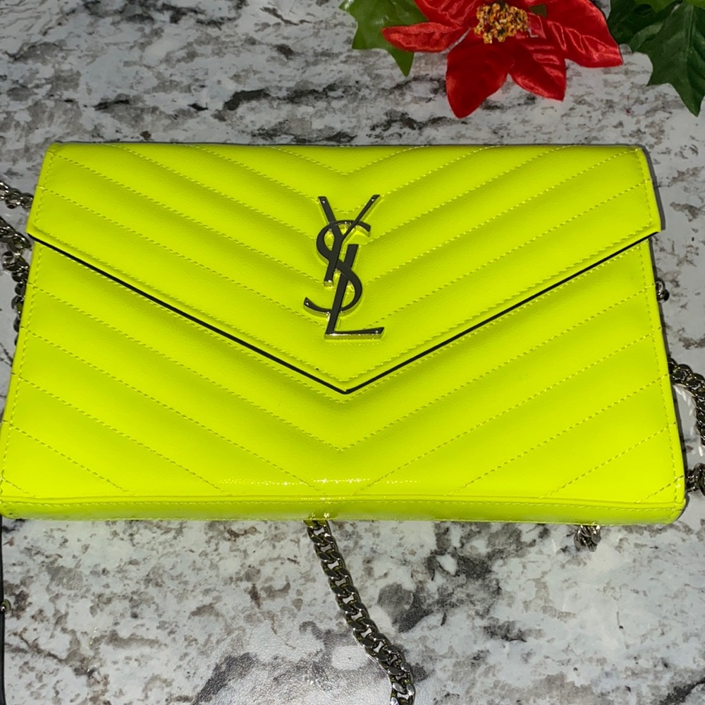 Saint Laurent Women's Neon Yellow Leather Monogram Shoulder Bag
